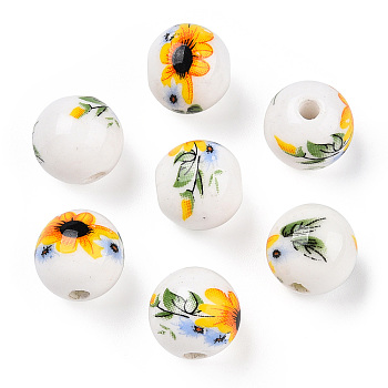 Handmade Porcelain Beads, Round with Sunflower Pattern, White, 12mm, Hole: 2mm