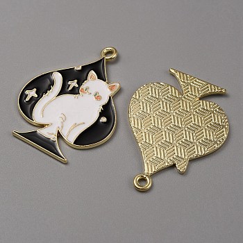 Alloy Enamel Pendants, Playing Card with Cat Charms, Light Gold, Spade, 33.5x25x1.5mm, Hole: 1.8mm