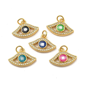 Brass Micro Pave Cubic Zirconia Pendants, with Enamel & Shell, with Jump Rings, Real 18K Gold Plated, Eye, Mixed Color, 12.5x18x3mm, Hole: 3.5mm