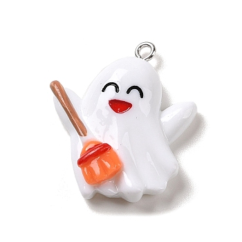 Opaque Resin Pendants, Halloween Charms with Platinum Tone Alloy Loops, White, Ghost with Broom, 30.5~31x26.5x8mm, Hole: 1.5mm