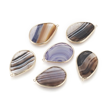 Natural Banded Agate/Striped Agate Pendants, with Light Gold Plated Brass Edge, Dyed, Teardrop, Faceted, Light Gold, 37x24.5~25x3~3.5mm, Hole: 1.5mm