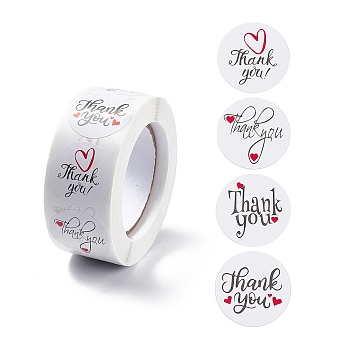 Paper Thank You Gift Sticker Rolls, Round Dot Decals, for DIY Scrapbooking, Craft, Smiling Face/Flower/Heart Pattern, White, 25mm, 500pcs/roll
