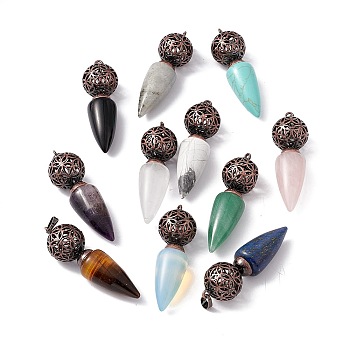 Natural & Synthetic Mixed Stone Big Pendants, Cone Charms with Rack Plating Brass Hollow Ball, Red Copper, Cadmium Free & Lead Free, 57~58x17.5~18mm, Hole: 8x5mm