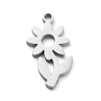 304 Stainless Steel Charms, Laser Cut, Flower Charm, Stainless Steel Color, 13.5x7x1mm, Hole: 1mm