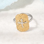 Textured 304 Stainless Steel Cuff Open Rings, Rectangle with Cross, Ion Plating(IP), Golden & Stainless Steel Color, 17mm(RJEW-P192-01A)