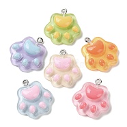 Cartoon Translucent Resin Pendants, Paw Print Charms with Platinum Plated Iron Loops, Mixed Color, 23~24x21x6~6.5mm, Hole: 2mm(RESI-D071-01)
