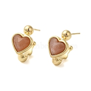 Natural Sunstone Heart Stud Earrings, with Ion Plating(IP) Golden Plated Brass Findings, 925 Sterling Silver Pin, 20.5x12mm(EJEW-K287-01G-01)