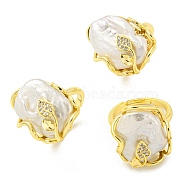 Natural Baroque Pearl Nuggets with Leaf Open Cuff Ring, Brass Finger Ring, Real 14K Gold Plated, US Size 7 1/2(17.7mm)(RJEW-H220-09G)