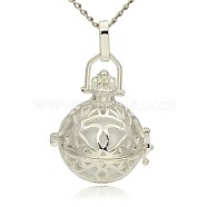 Silver Color Plated Brass Hollow Round Cage Pendants, with No Hole Spray Painted Brass Ball Beads, White, 31x27x22mm, Hole: 3x8mm(KK-J240-07S)