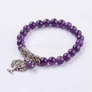 Natural Amethyst Stretch Bracelets, with Tibetan Style Pendants,  2 inch(51mm)(BJEW-F262-A03)