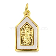 Real 18K Gold Plated Brass Pendants with Shell and Jump Rings, Religion Virgin Mary, Polygon, 18.5x10.5x2.5mm, Hole: 3mm(KK-D534-04G-02)