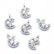 Brass Charms, with Cubic Zirconia, Lead Free & Cadmium Free & Nickel Free, Moon, Clear, Real Platinum Plated, 11x7x3mm, Hole: 1.5mm(KK-P155-37P-02-NR)
