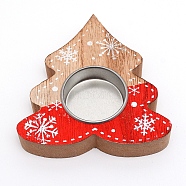 Natural Wooden Candle Holder, with Aluminum Jar, for Christmas, Christmas Tree, Red, 103x100x22mm(DJEW-WH0010-16)