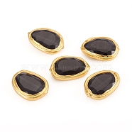 Cat Eye Beads, with Edge Golden Plated Brass Findings, Teardrop, Black, 29~31x21.5~22x7mm, Hole: 0.8mm(CE-G007-03G)