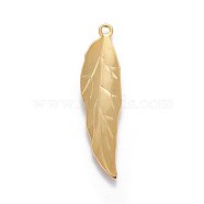 201 Stainless Steel Pendants, Leaf, Real 24K Gold Plated, 38x9.5x1.5mm, Hole: 1.8mm(X-STAS-L221-37G)