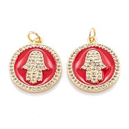 Real 18K Gold Plated Brass Micro Pave Clear Cubic Zirconia Pendants, with Enamel and Jump Ring, Long-Lasting Plated, Flat Round with Hamsa Hand, Red, 19.5x17x2.5mm, Jump Ring: 5x0.8mm, 3.4mm inner diameter(ZIRC-M114-50G-02)