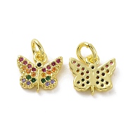 Brass Micro Pave Colorful Cubic Zirconia Charms, with Jump Ring, Butterfly Charm, Real 18K Gold Plated, 9x10x1.5mm, Hole: 3.2mm(KK-E068-VF094)
