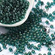 Glass Seed Beads, Silver Lined, Round Hole, Round, Teal, 4x3mm, Hole: 1.2mm, 6429pcs/pound(SEED-H002-C-A050)