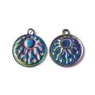 Ion Plating(IP) 304 Stainless Steel Pendant Cabochon Settings, Flat Round with Sun, Rainbow Color, 21.5x18x2mm, Hole: 2mm, Tray: 4.5mm(STAS-G278-01MC)
