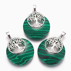 Synthetic Malachite Pendants, with Platinum Tone Brass Findings, Flat Round with Tree of Life, 32.5~33x27.5~28x5~6mm, Hole: 5x7mm(G-F573-C01)