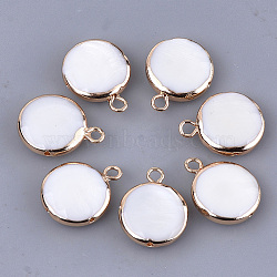 Freshwater Shell Pendants, with Brass Findings, Flat Round, Golden, 16~17.5x13x3.5~5mm, Hole: 2mm(X-SHEL-T012-56)