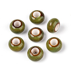 Handmade Porcelain Beads, Fancy Antique Glazed Porcelain, Large Hole Beads, Rondelle, Olive, 15x8mm, Hole: 6mm(PORC-S498-05V)