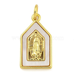 Real 18K Gold Plated Brass Pendants with Shell and Jump Rings, Religion Virgin Mary, Polygon, 18.5x10.5x2.5mm, Hole: 3mm(KK-D534-04G-02)