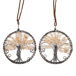 Brass & Natural Yellow Quartz Chips Pendant Decorations, Flat Round with Tree of Life Hanging Ornaments, 390~400mm(HJEW-Z007-05R-08)
