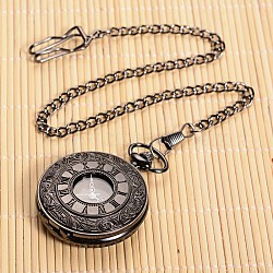 Openable Flat Round Alloy Pendant Pocket Watch, Quartz Watches, with Iron Chain, Gunmetal, 355mm, Watch Head: 59x47x14mm(WACH-L024-16)