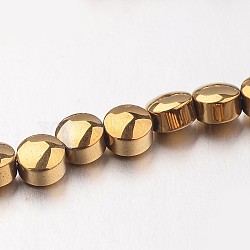 Electroplate Non-magnetic Synthetic Hematite Bead Strands, Flat Round, Golden Plated, 4x3mm, Hole: 1mm, about 102pcs/strand, 15.7 inch(G-F300-33B-03)