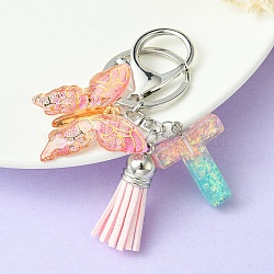 Resin & Acrylic Keychains, with Alloy Split Key Rings and Faux Suede Tassel Pendants, Letter & Butterfly, Random Gradient Color, Letter T, 8.6cm(KEYC-YW00002-20)