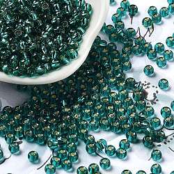 Glass Seed Beads, Silver Lined, Round Hole, Round, Teal, 4x3mm, Hole: 1.2mm, 6429pcs/pound(SEED-H002-C-A050)