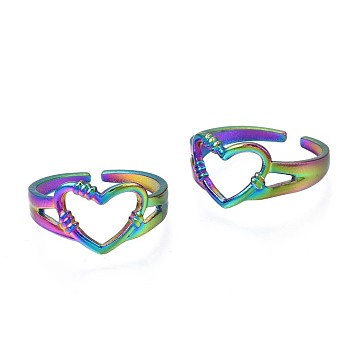 304 Stainless Steel Hollow Heart Cuff Ring, Rainbow Color Open Ring for Women, US Size 6 1/2(16.9mm)