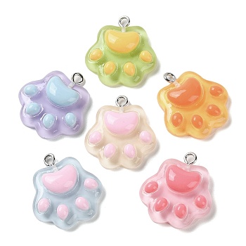 Cartoon Translucent Resin Pendants, Paw Print Charms with Platinum Plated Iron Loops, Mixed Color, 23~24x21x6~6.5mm, Hole: 2mm