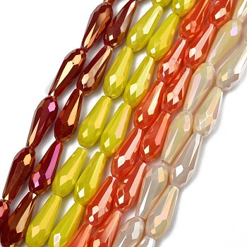 Electroplated Opaque Glass Beads Strands, Full Rainbow Plated, Faceted, Teardrop, Mixed Color, 15x6mm, Hole: 1mm, about 50pcs/Strand, 28.35 inch(72cm)