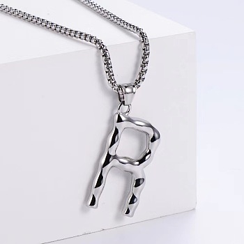 3Pcs Stainless Steel Textured Letter Pendant Box Chain Necklaces, Stainless Steel Color, Letter R