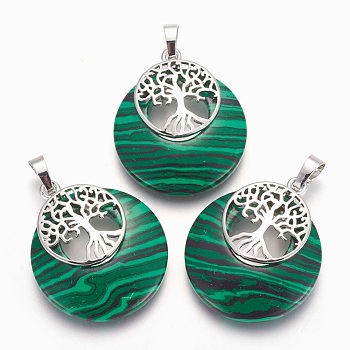 Synthetic Malachite Pendants, with Platinum Tone Brass Findings, Flat Round with Tree of Life, 32.5~33x27.5~28x5~6mm, Hole: 5x7mm