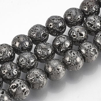 Electroplated Natural Lava Rock Bead Strands, Round, Bumpy, Gunmetal Plated, 6~7mm, Hole: 1mm, about 61pcs/strand, 15.7 inch