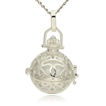Silver Color Plated Brass Hollow Round Cage Pendants, with No Hole Spray Painted Brass Ball Beads, White, 31x27x22mm, Hole: 3x8mm