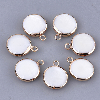 Freshwater Shell Pendants, with Brass Findings, Flat Round, Golden, 16~17.5x13x3.5~5mm, Hole: 2mm