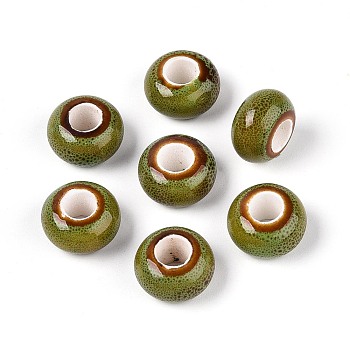 Handmade Porcelain Beads, Fancy Antique Glazed Porcelain, Large Hole Beads, Rondelle, Olive, 15x8mm, Hole: 6mm