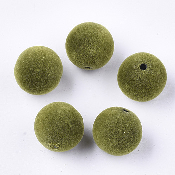 Flocky Acrylic Beads, Round, Olive Drab, 16x15.5~16mm, Hole: 2mm