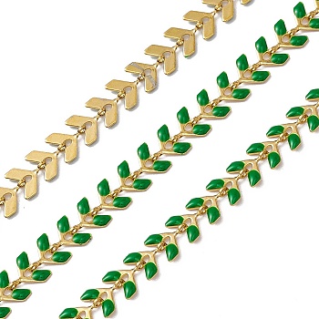 Vacuum Plating 304 Stainless Steel Cobs Chains, with Enamel, Soldered, with Spool, Golden, Dark Green, 7x6x1mm