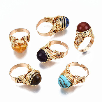 Adjustable Gemstone Round Finger Rings, with Brass Findings, US Size 7 1/4(17.5mm)