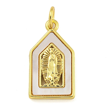 Real 18K Gold Plated Brass Pendants with Shell and Jump Rings, Religion Virgin Mary, Polygon, 18.5x10.5x2.5mm, Hole: 3mm