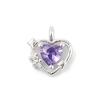 925 Sterling Silver Micro Pave Cubic Zirconia Pendants, Heart Charms, Medium Purple, 6.5x6x2mm, Hole: 0.9mm