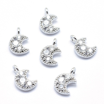 Brass Charms, with Cubic Zirconia, Lead Free & Cadmium Free & Nickel Free, Moon, Clear, Real Platinum Plated, 11x7x3mm, Hole: 1.5mm