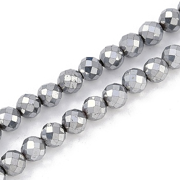 Electroplated Synthetic Non-magnetic Hematite Beads Strands, Faceted, Round, Platinum Plated, 6x6x6mm, Hole: 1mm, about 66pcs/strand, 15.35''(39cm)