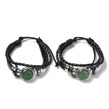 Natural Natural Green Aventurine Multi-strand Bracelets, Adjustable PU Leather Braided Cord Bracelets for Unisex, Inner Diameter: 2-3/8~2-7/8 inch(5.9~7.3cm)