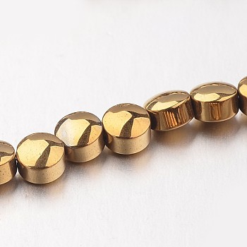 Electroplate Non-magnetic Synthetic Hematite Bead Strands, Flat Round, Golden Plated, 4x3mm, Hole: 1mm, about 102pcs/strand, 15.7 inch